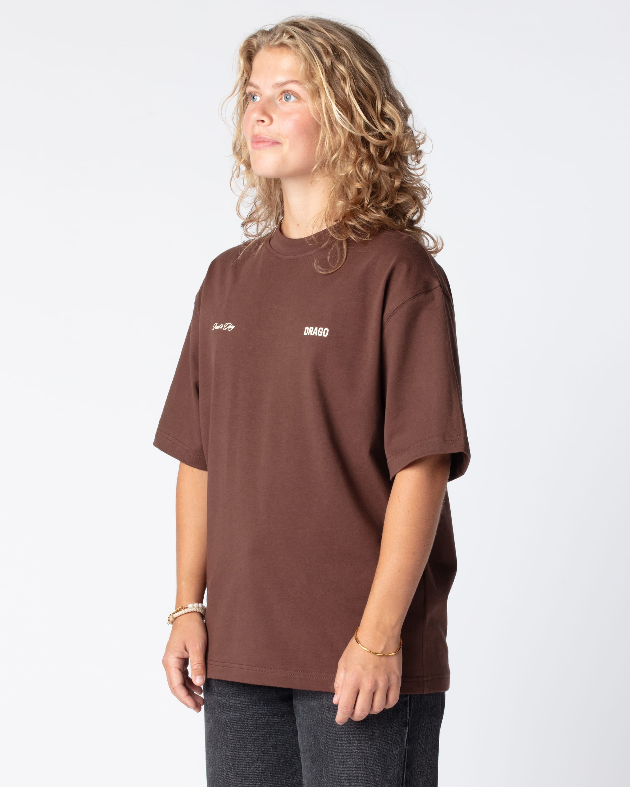 Nikoline in the Road to Heaven T-Shirt in Royal Brown with screenprint on the front and back