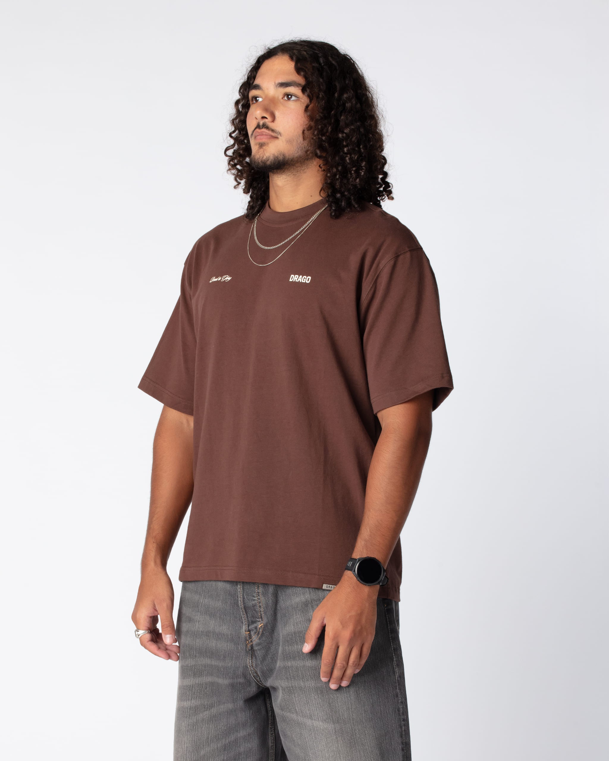 Oversized Box Fit Cotton T-Shirt in Royal Brown with Screenprint on chest and mid back