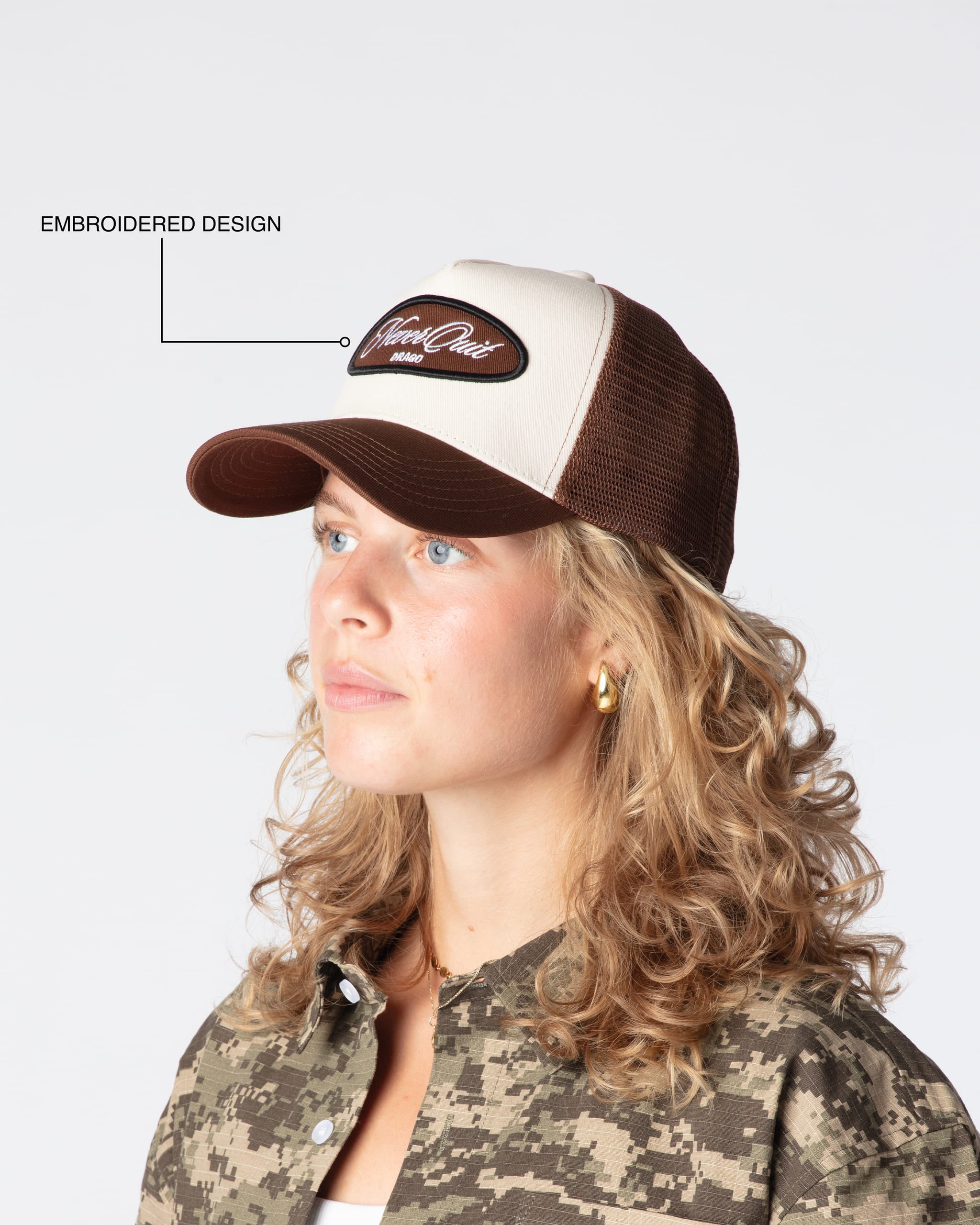 Mesh Trucker Cap in Royal Brown with embroidered front design