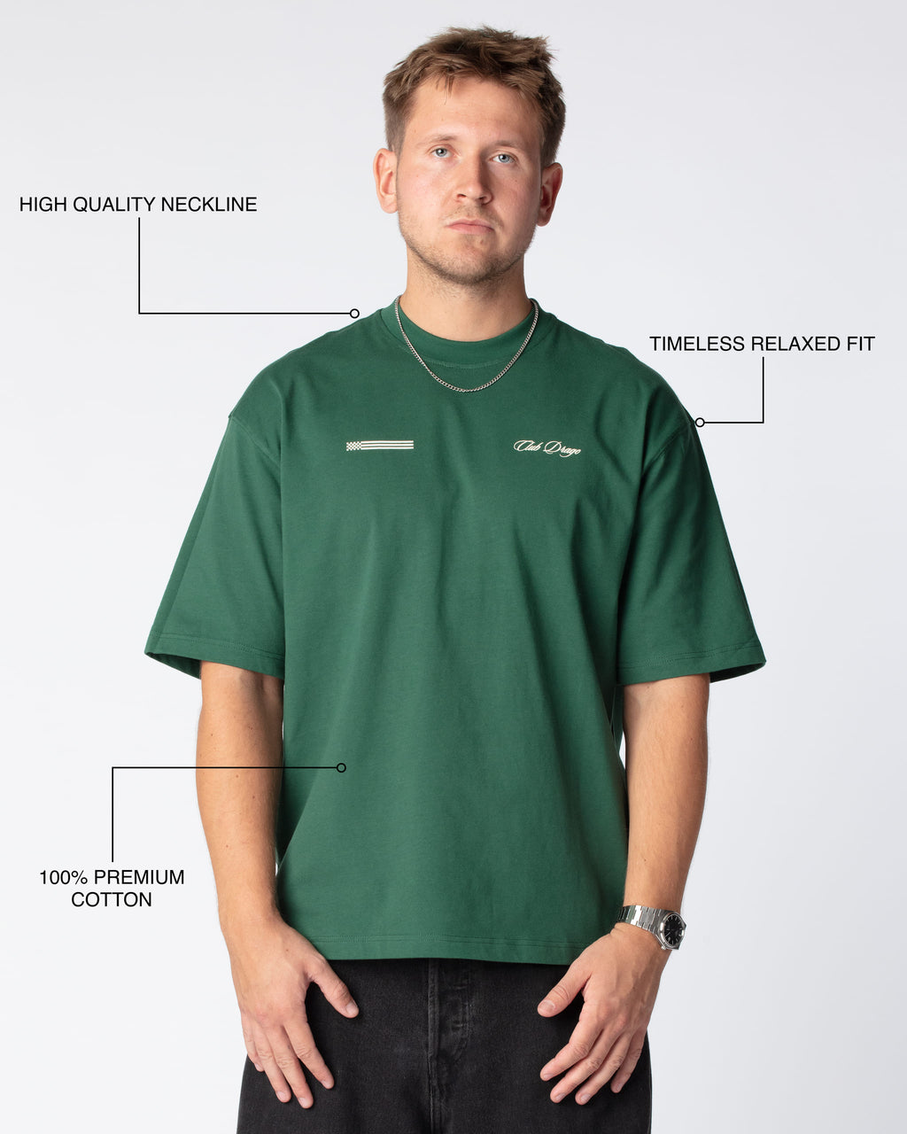 Front feature shot highlighting the quality collar, timeless relaxed fit and premium cotton material of our T-Shirts