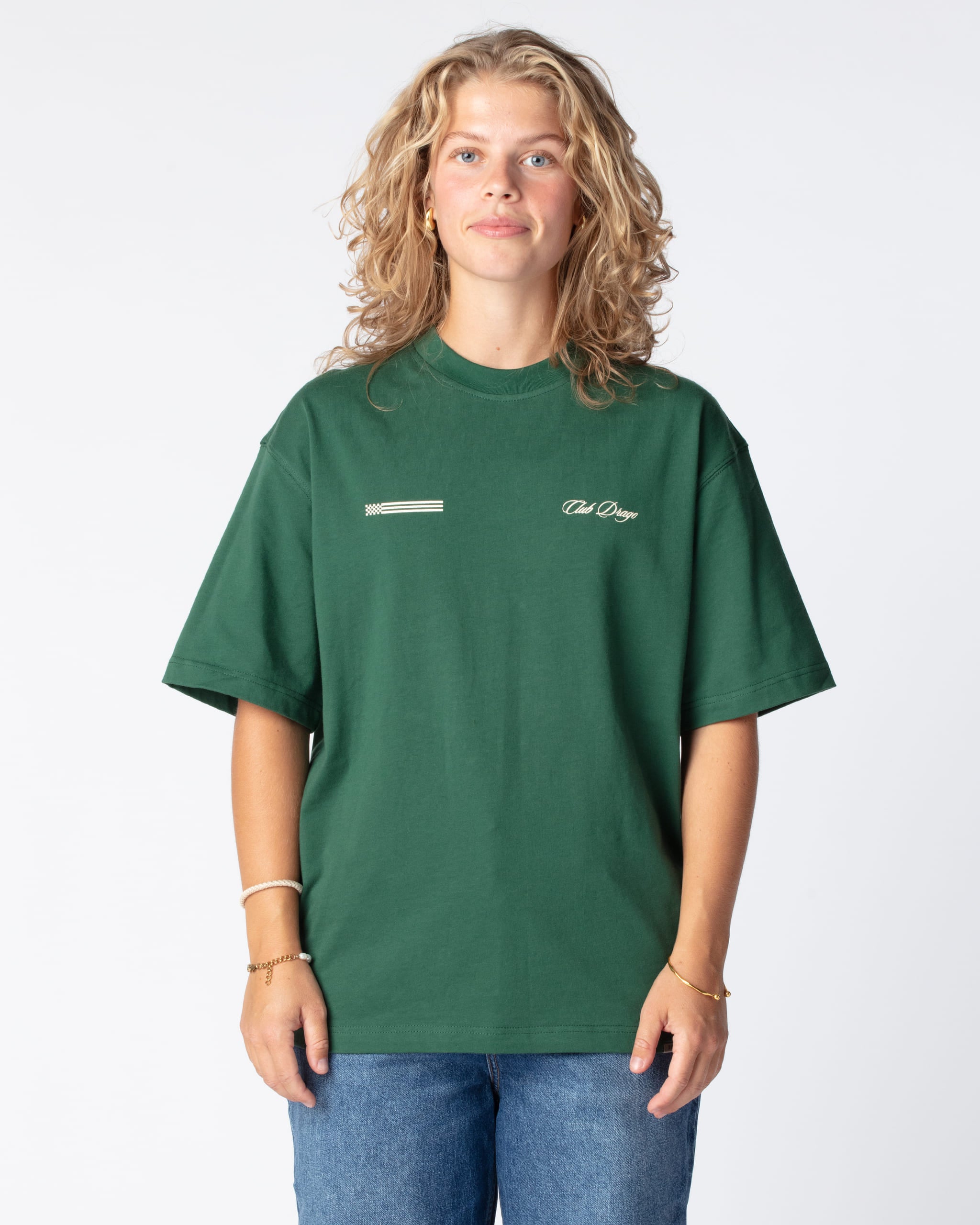Front shot of Nikoline in our Racing Team T-Shirt with a fitted collar, double screenprint and signature quality details