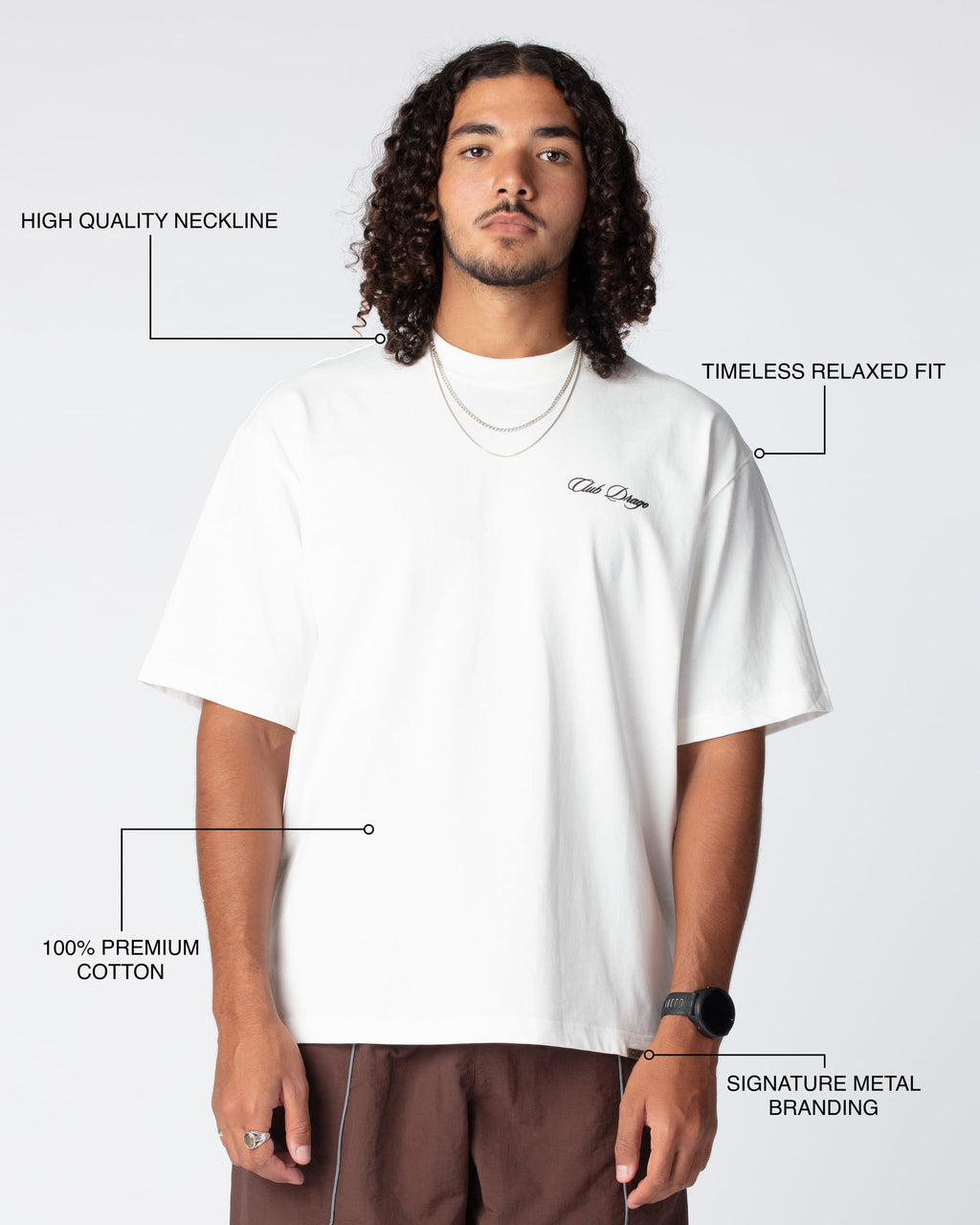 Front view of Sun T-Shirt with quality collar, oversized fit, premium cotton material and signature details