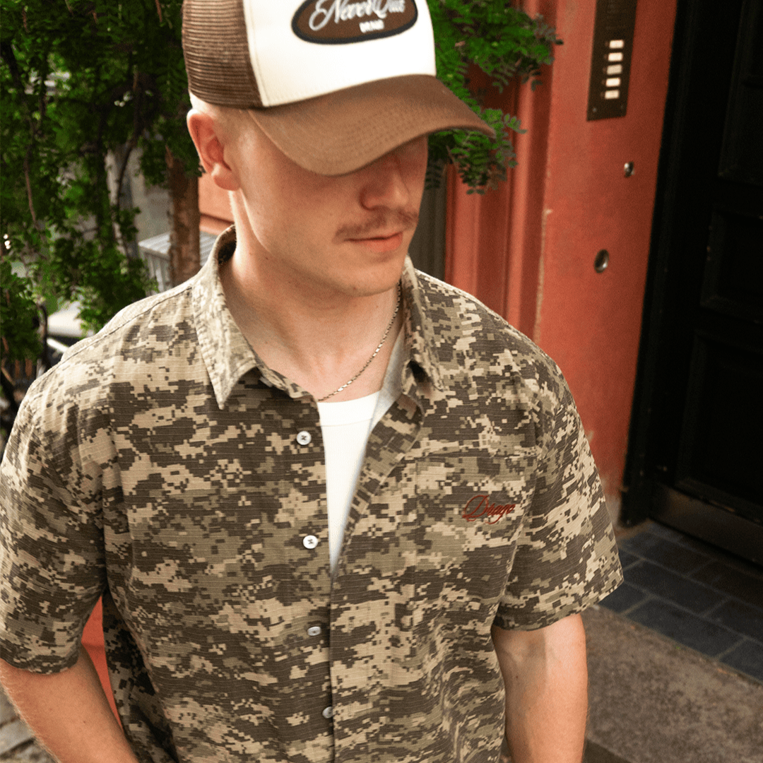DRAGO Streetwear Top - 100% Cotton Box-Fit Short Sleeve Shirt in Digital Camo with Bordeaux Embroidery on Chest and Back