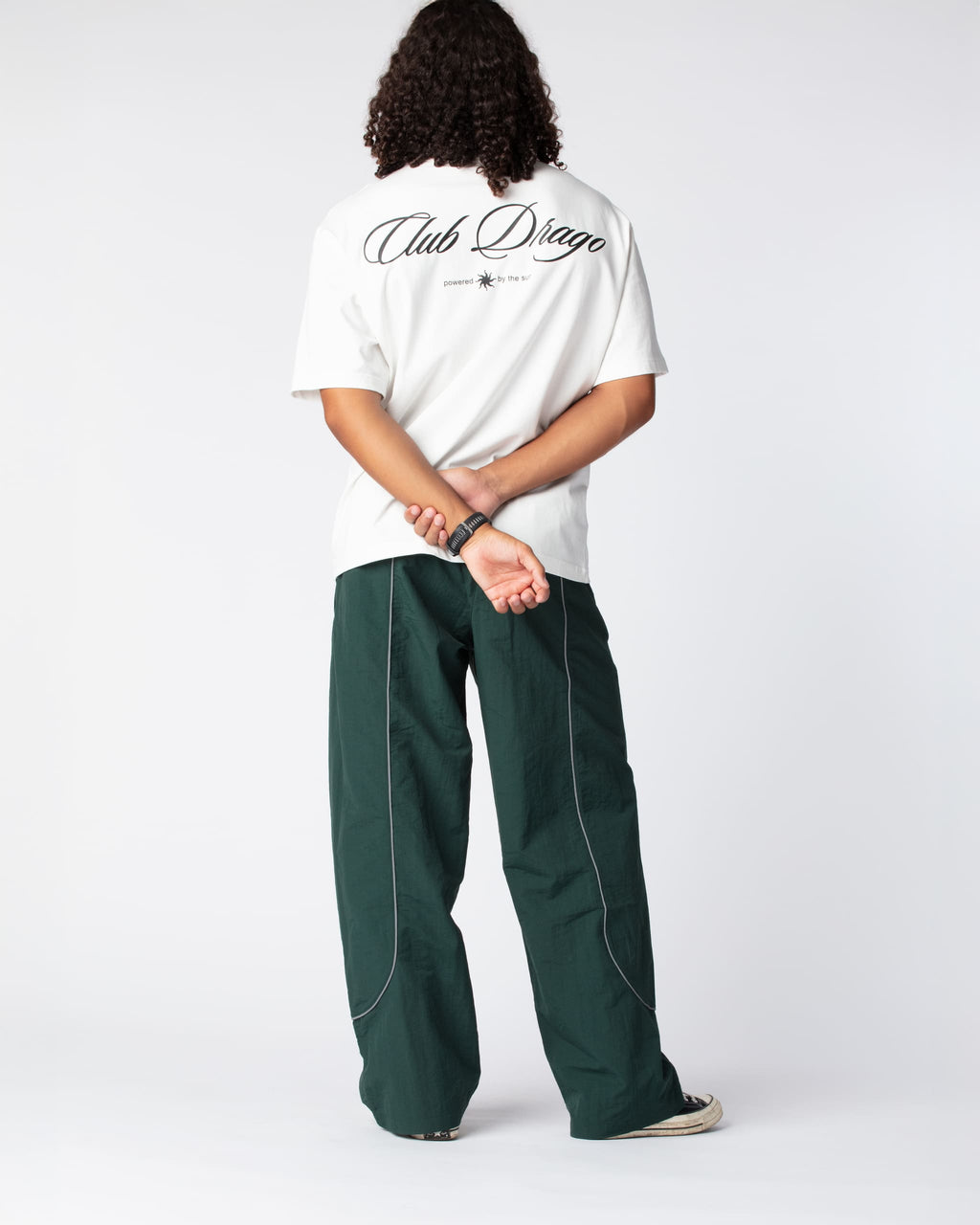 Rear shot showing off the Olive Green Track Pants highlighting the premium composition of material and fit